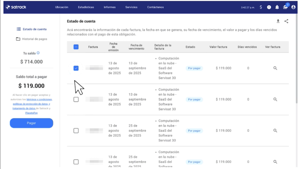 Cómo consultar y pagar tus facturas en línea desde la plataforma Satrack