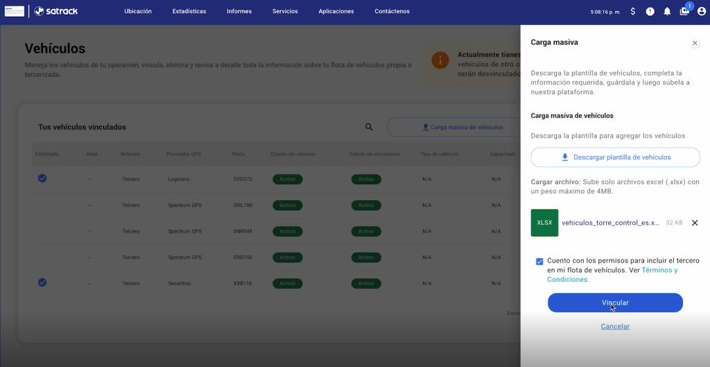 Carga Masiva de Vehículos en Satrack