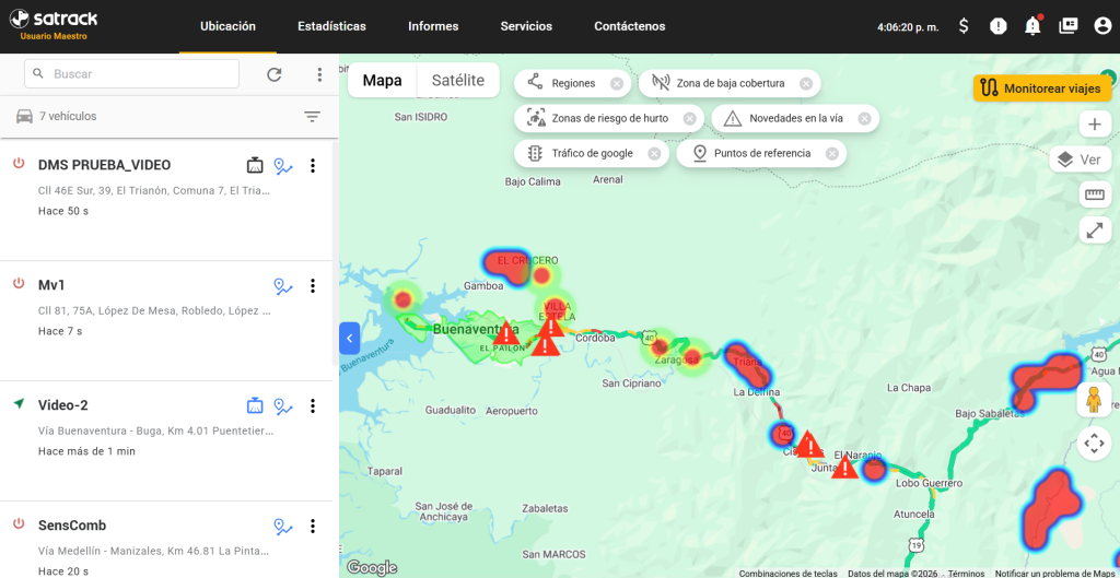 Cómo usar las novedades y capas del mapa en Satrack | Tráfico, zonas de riesgo y más