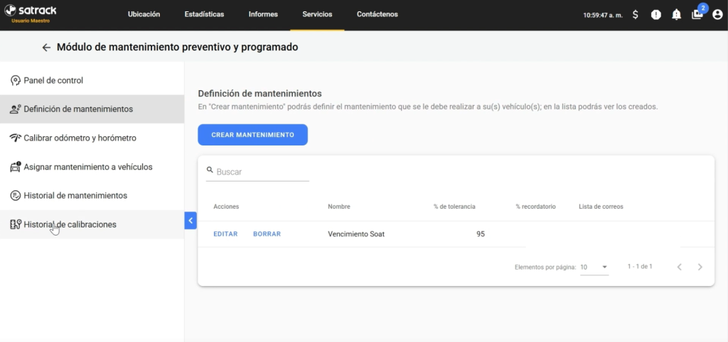 Calibración de odómetro y horómetro y configuración de mantenimientos